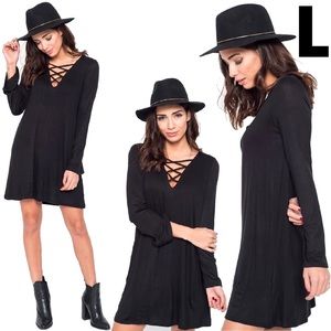 Soft Relaxed Fit Long Sleeve Plain Black Dress w Strap Front MEDIUM 8 10